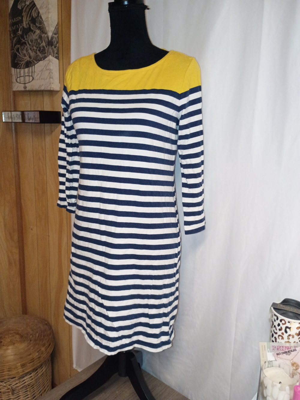Old Navy Navy and White Striped Dress with Yellow Yoke